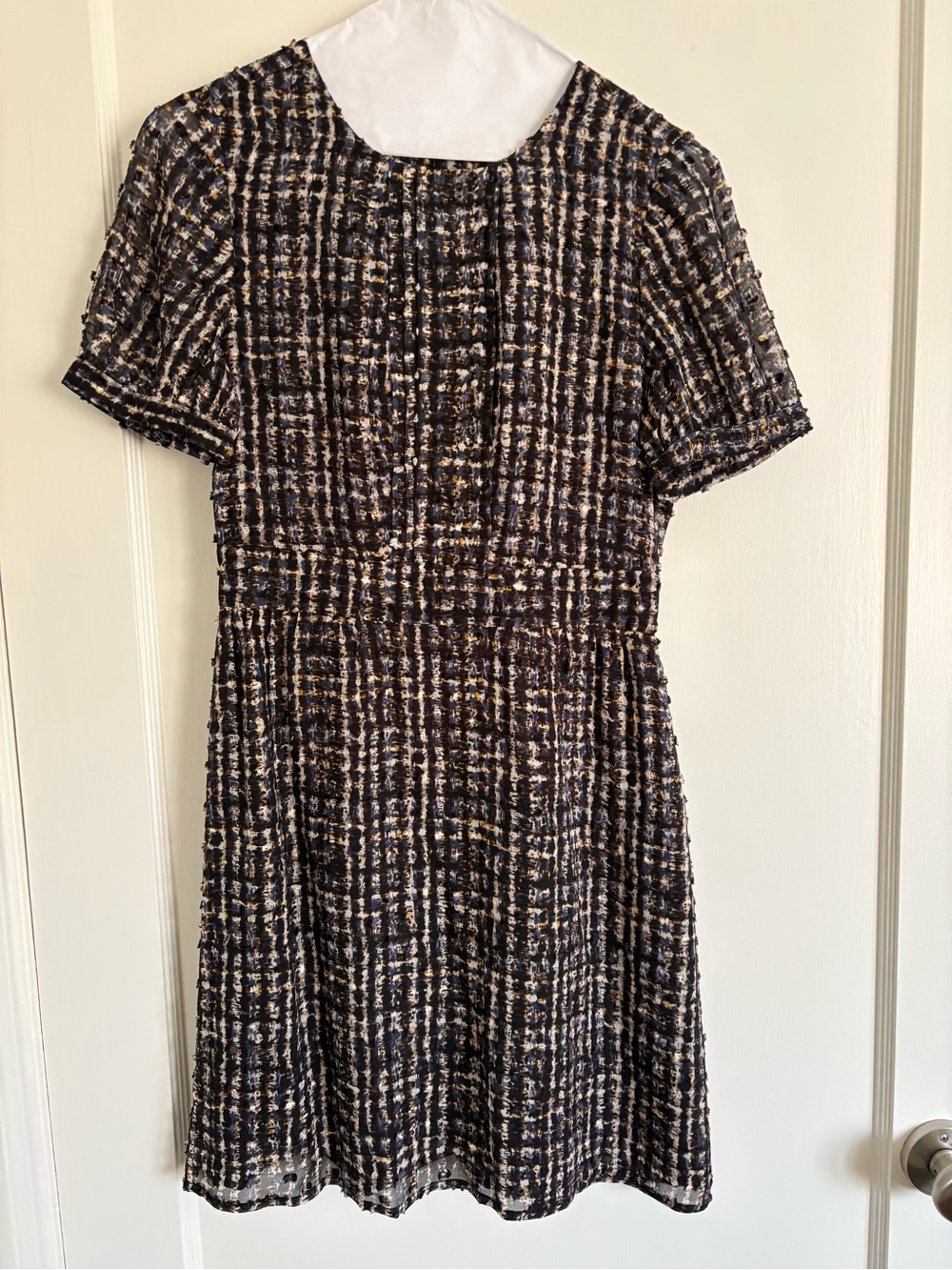 J. Crew Black, Blue, Brown and Cream Plaid Short-Sleeve A-Line Dress. Size: 0.